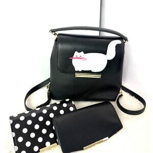 Kate Spade New York Black Cat Applique Convertible Bag NWOT 2 Changeable Flaps